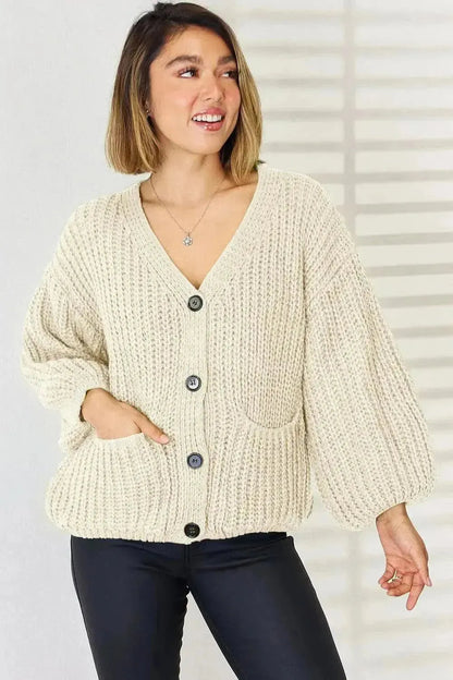 Pocketed Button Up Dropped Shoulder Cardigan - Bad Moms Club