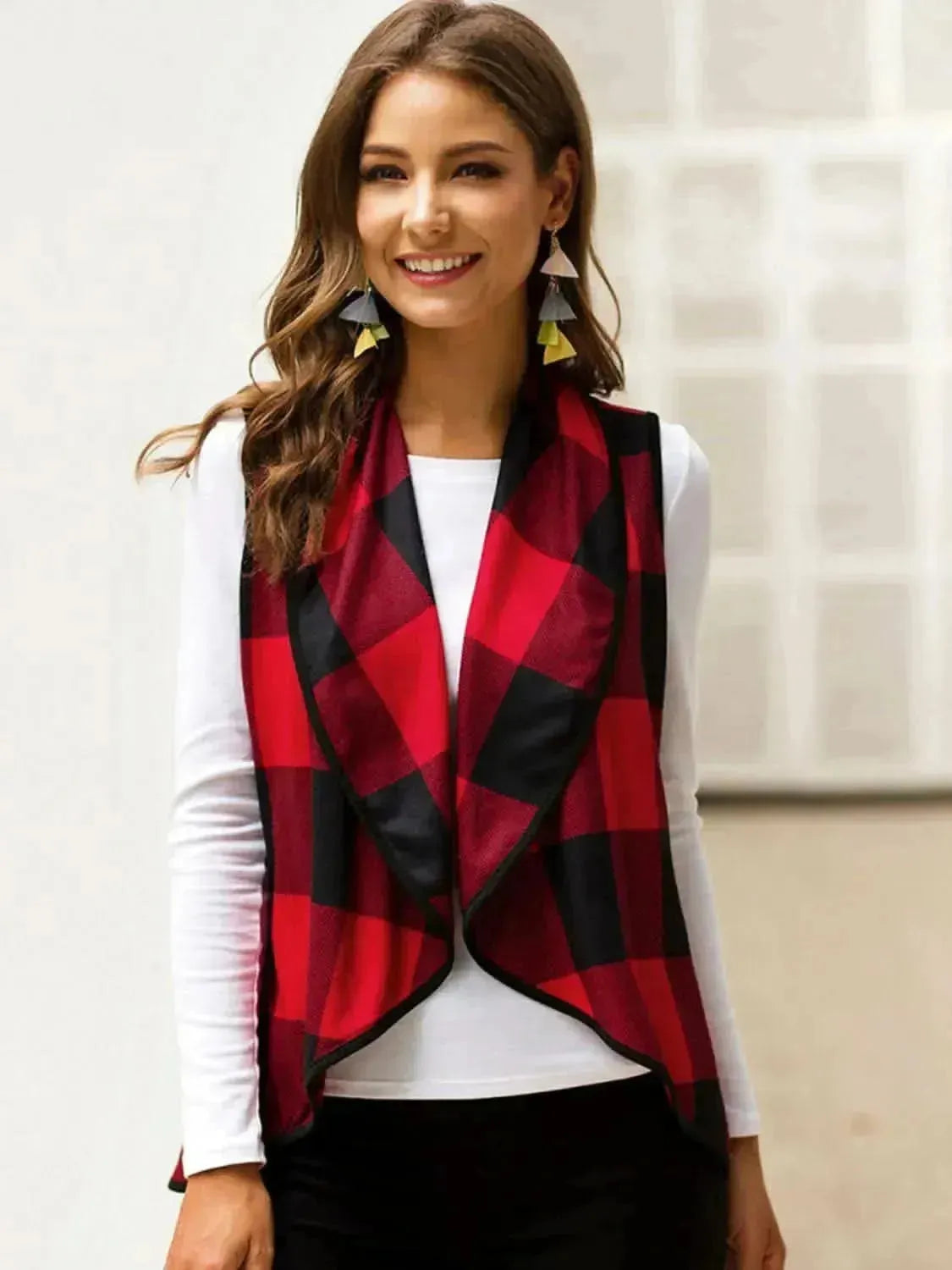 Plaid Open Front Sleeveless Cardigan - Bad Moms Club