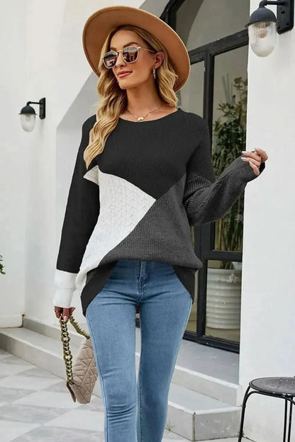 Color Block Round Neck Sweater - Bad Moms Club