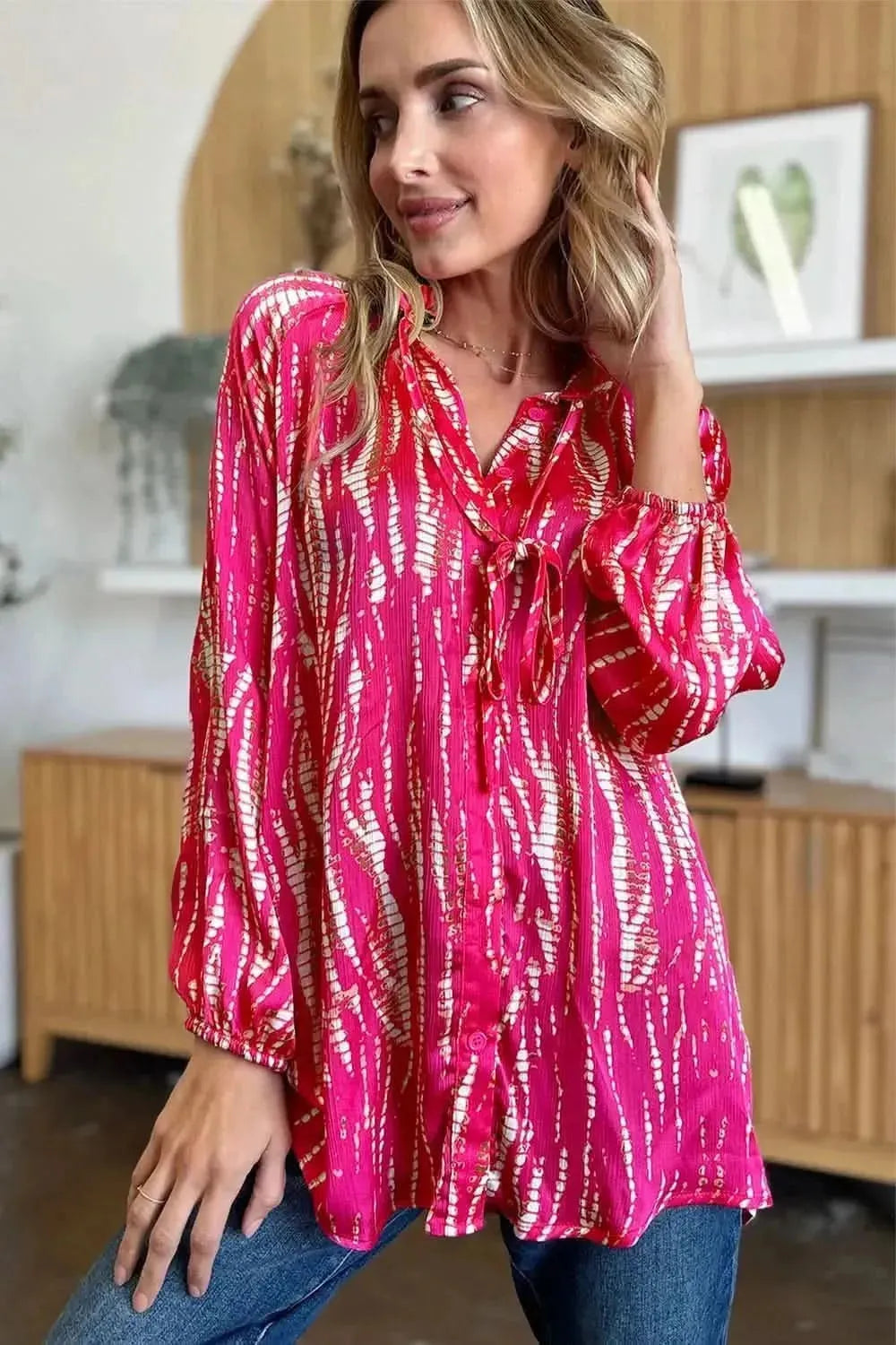 Double Take Full Size Printed Button Up Long Sleeve Shirt - Bad Moms Club