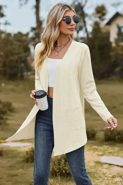 Cable-Knit Long Sleeve Cardigan with Pocket - Bad Moms Club