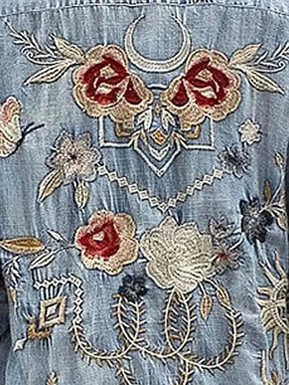 MeiMei Embroidered Pocketed Button Up Denim Shirt - Bad Moms Club