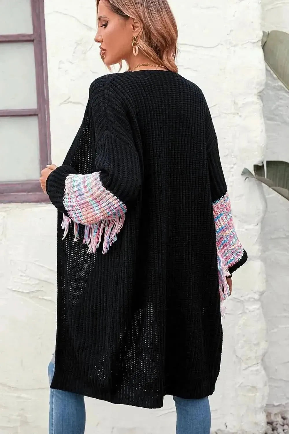 Fringe Sleeve Dropped Shoulder Cardigan - Bad Moms Club