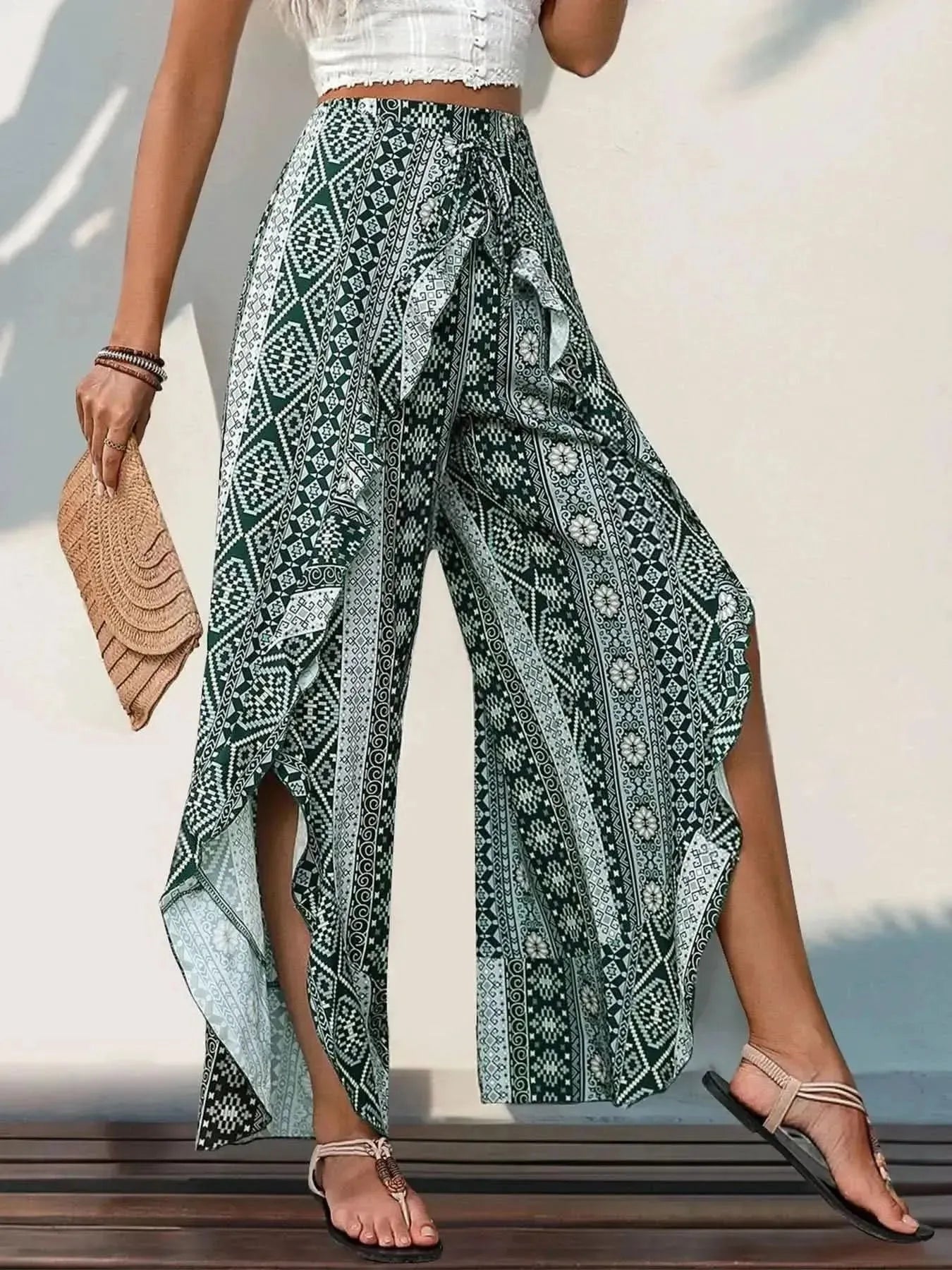 Perfee Slit Ruffled Geometric Wide Leg Pants - Bad Moms Club