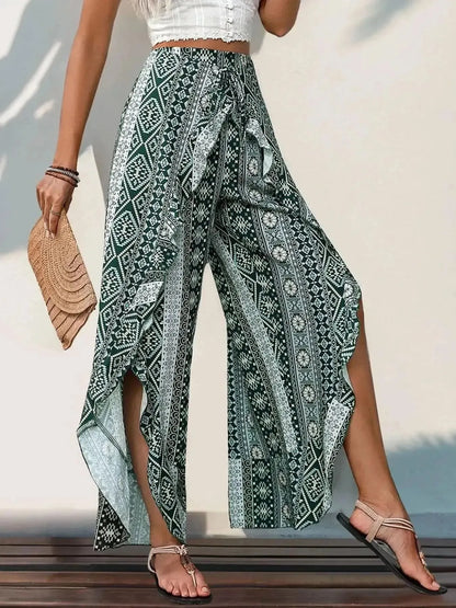 Perfee Slit Ruffled Geometric Wide Leg Pants - Bad Moms Club
