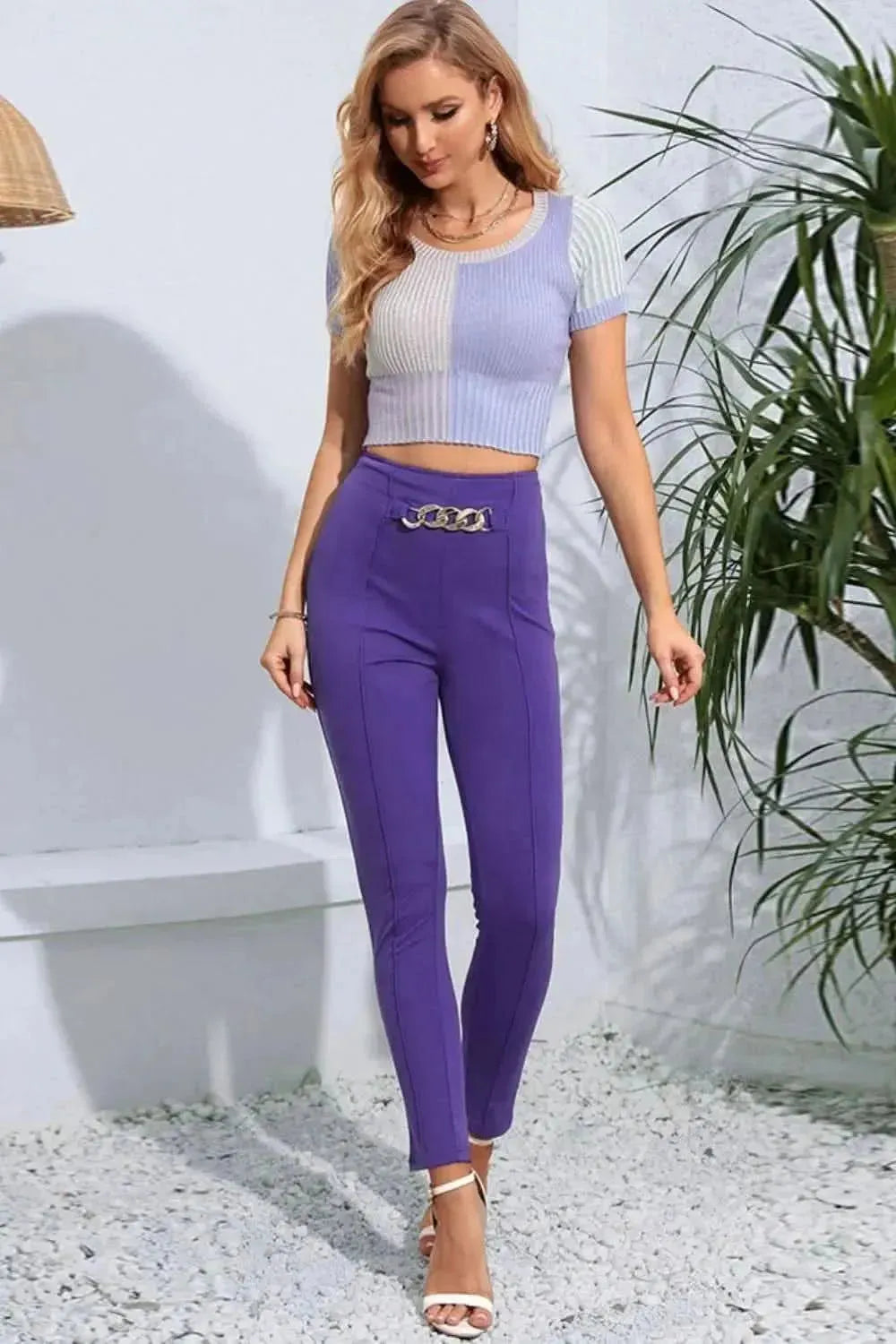 Chain Detail Slim Fit Cropped Pants - Bad Moms Club