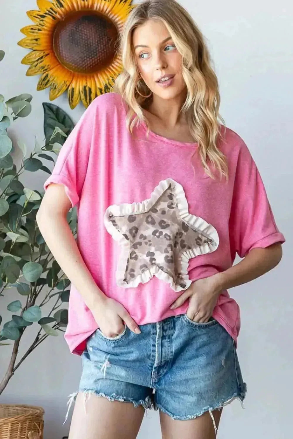 HOPELY Leopard Star Patch Short Sleeve T-Shirt - Bad Moms Club
