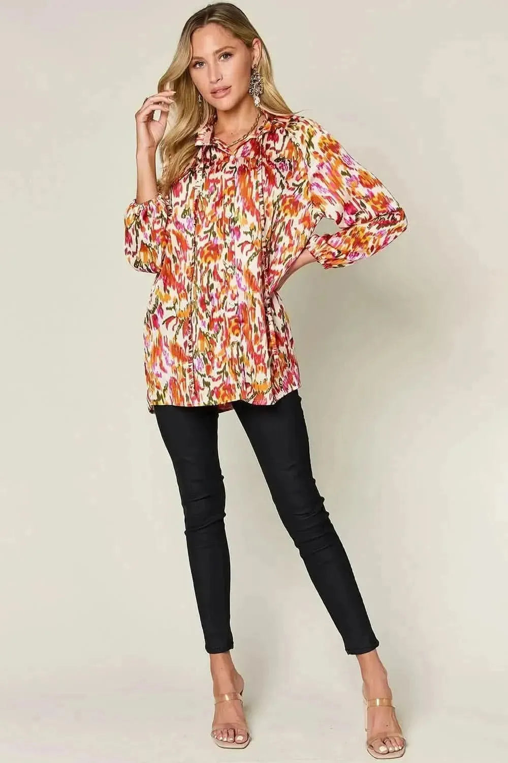 Double Take Full Size Printed Button Up Long Sleeve Shirt - Bad Moms Club