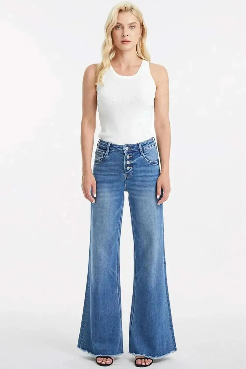 BAYEAS Full Size High Waist Button-Fly Raw Hem Wide Leg Jeans - Bad Moms Club