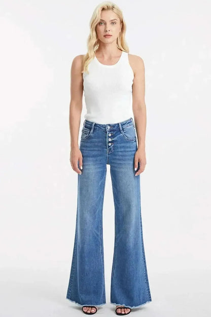 BAYEAS Full Size High Waist Button-Fly Raw Hem Wide Leg Jeans - Bad Moms Club