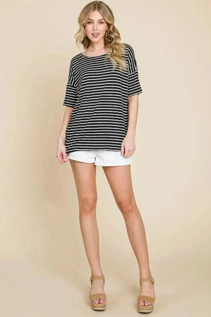 BOMBOM Striped Round Neck T-Shirt - Bad Moms Club
