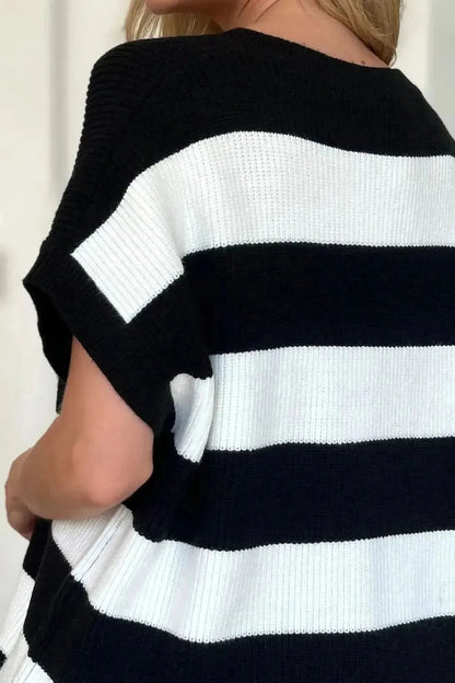 Double Take Full Size Striped V-Neck Short Sleeve Sweater - Bad Moms Club