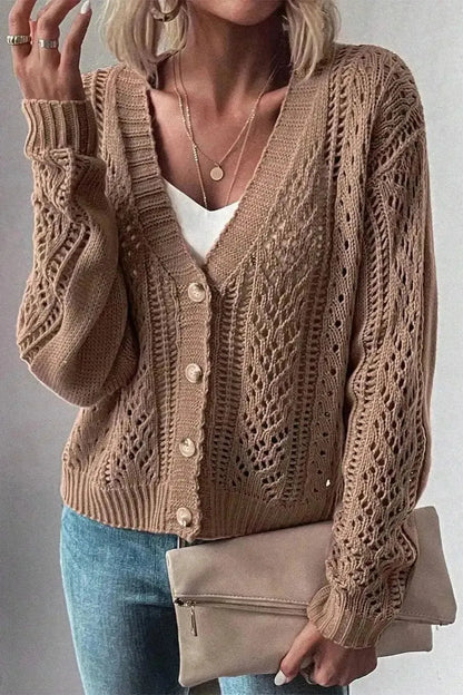 Openwork Button Up Long Sleeve Cardigan - Bad Moms Club