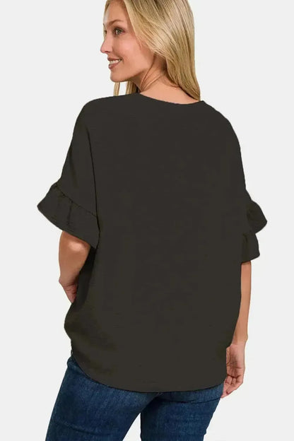 Zenana V-Neck Flutter Sleeve Top - Bad Moms Club
