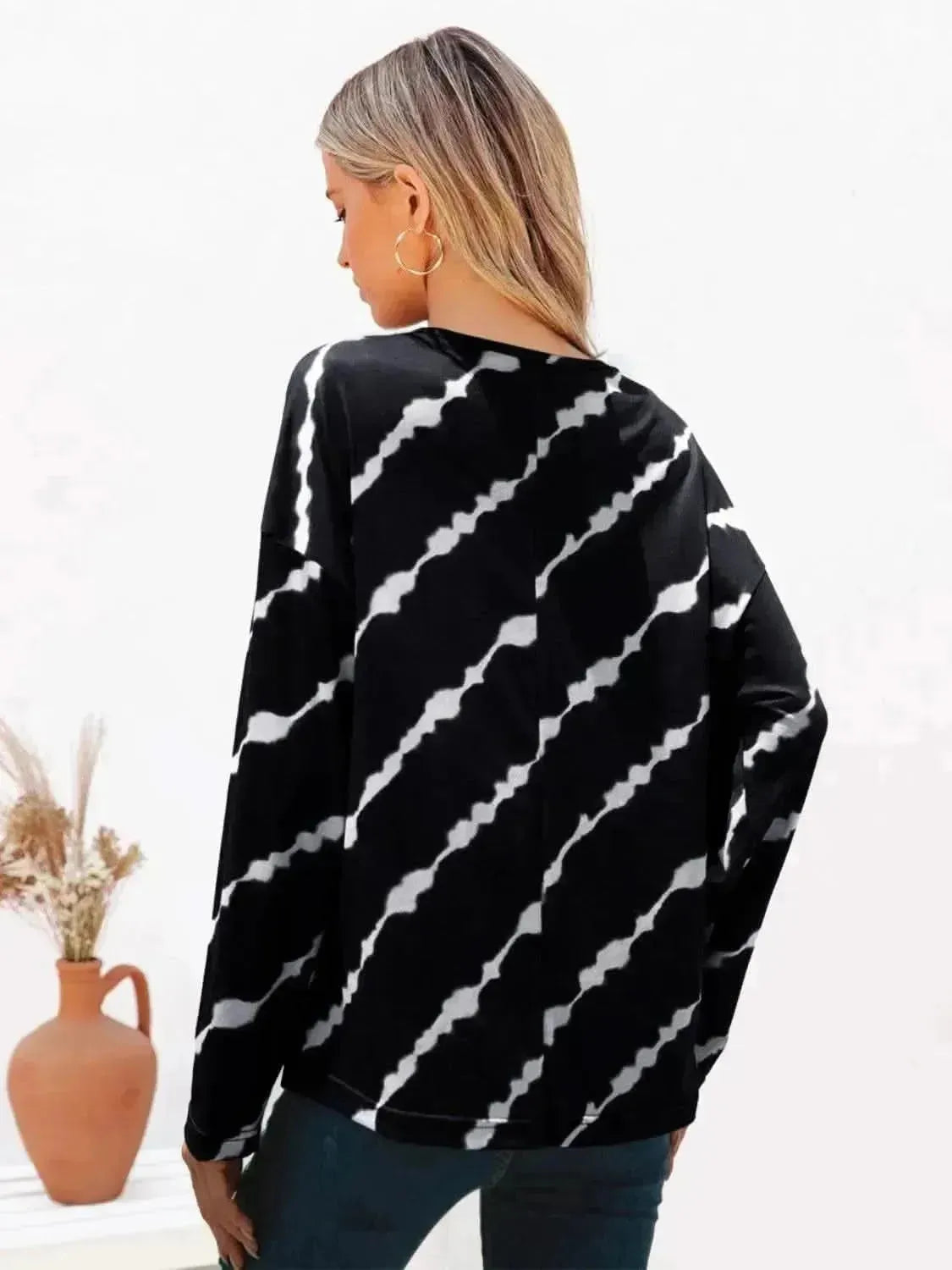 Striped Round Neck Long Sleeve T-Shirt - Bad Moms Club
