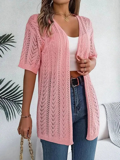 Openwork Open Front Half Sleeve Cardigan - Bad Moms Club