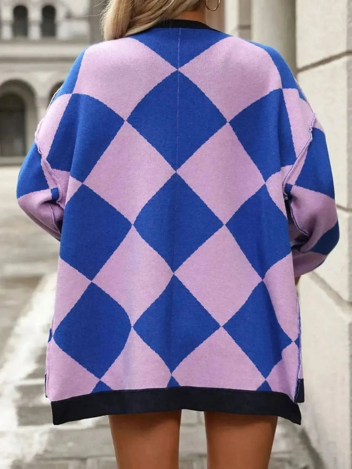 Checkered Dropped Shoulder Long Sleeve Cardigan - Bad Moms Club