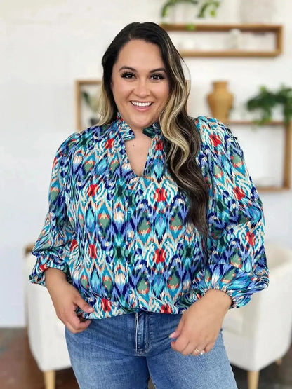 Double Take Full Size Printed Balloon Sleeve Blouse - Bad Moms Club