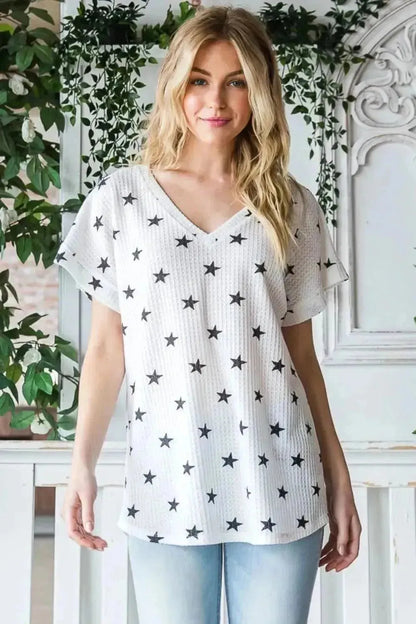 Heimish Full Size Star Print Short Sleeve V-Neck Waffle Knit T-Shirt - Bad Moms Club