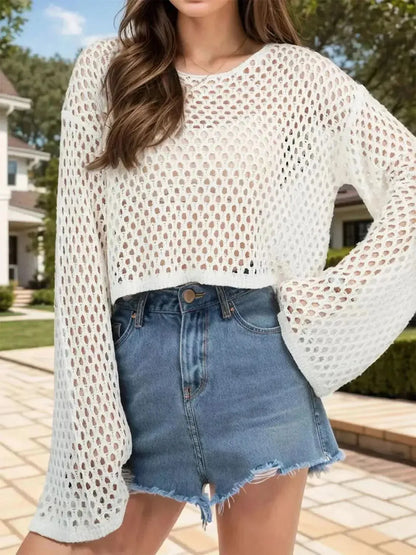 Openwork Round Neck Long Sleeve Cover Up - Bad Moms Club