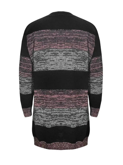 Striped Open Front Long Sleeve Cardigan with Pockets - Bad Moms Club