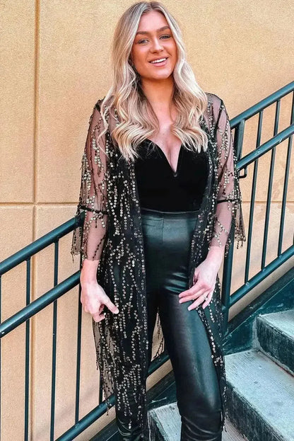 Sequin Open Front Sheer Cardigan - Bad Moms Club