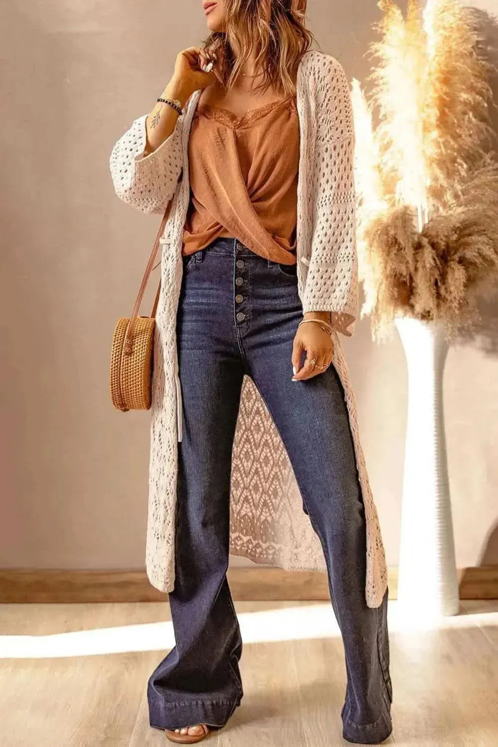 Dropped Shoulder Long Sleeve Crochet Duster Cardigan - Bad Moms Club