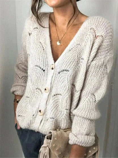 Openwork Button Up Long Sleeve Cardigan - Bad Moms Club