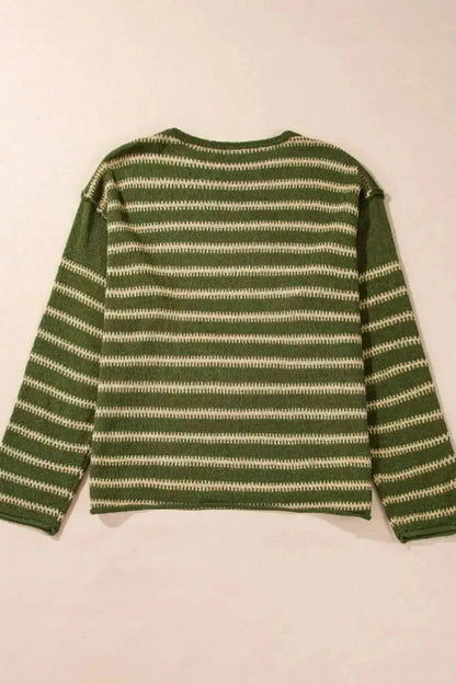 Striped Round Neck Dropped Shoulder Sweater - Bad Moms Club