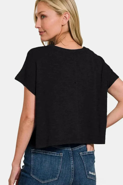 Zenana Round Neck Short Sleeve Crop T-Shirt - Bad Moms Club