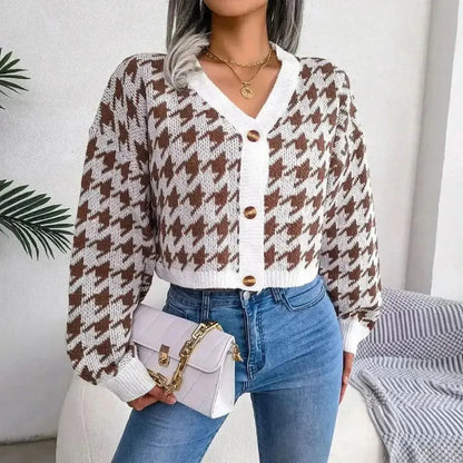 Houndstooth V-Neck Dropped Shoulder Cropped Cardigan - Bad Moms Club