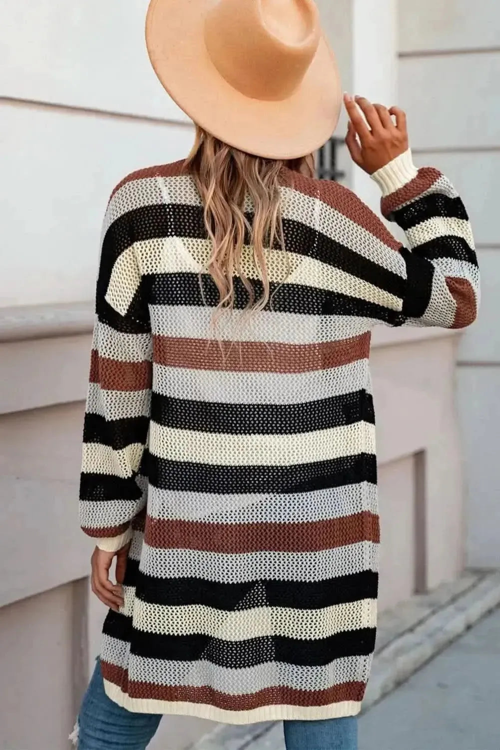 Full Size Striped Long Sleeve Openwork Cardigan - Bad Moms Club