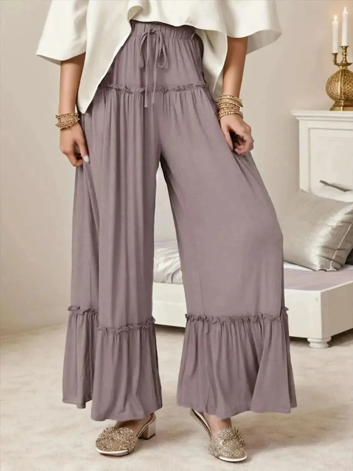 Wide Leg Ruffle Trim Pants - Bad Moms Club