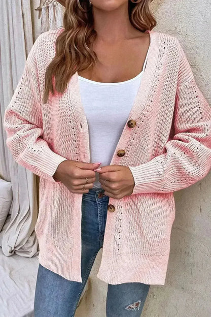 V-Neck Openwork Long Sleeve Cardigan - Bad Moms Club