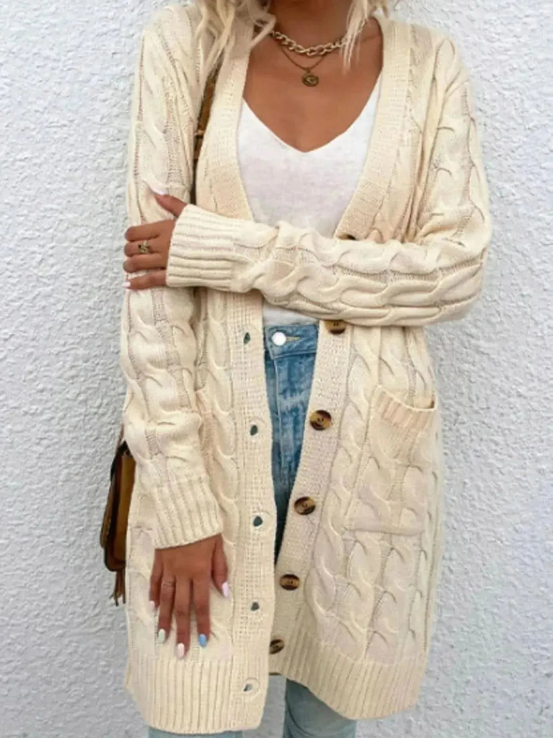 Cable-Knit Button Down Cardigan with Pockets - Bad Moms Club