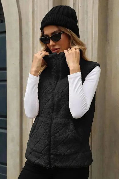 Fuzzy Plaid Texture Zip Up Vest Coat - Bad Moms Club