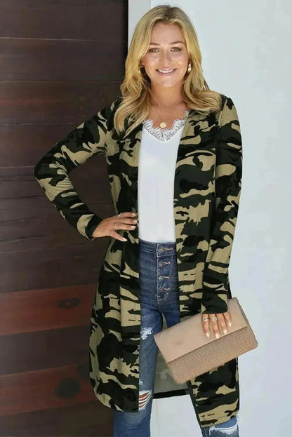 Double Take Printed Open Front Longline Cardigan - Bad Moms Club