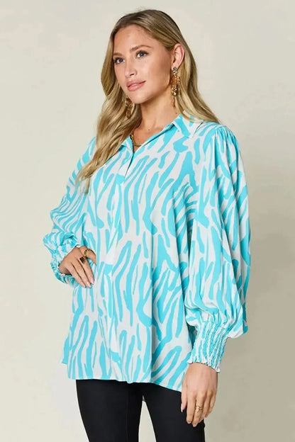 Double Take Full Size Printed Smocked Long Sleeve Blouse - Bad Moms Club