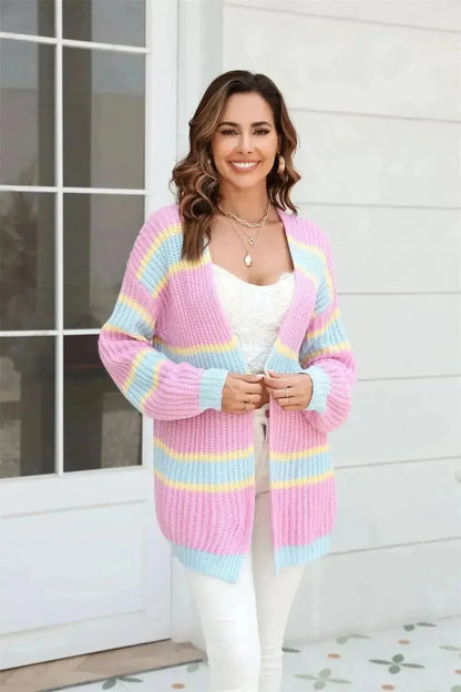 Color Block Ribbed Dropped Shoulder Open Front Cardigan - Bad Moms Club