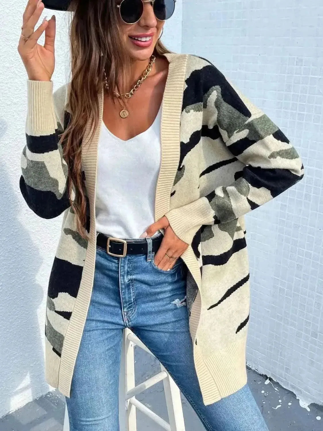Camouflaged Dropped Shoulder Open Front Cardigan - Bad Moms Club