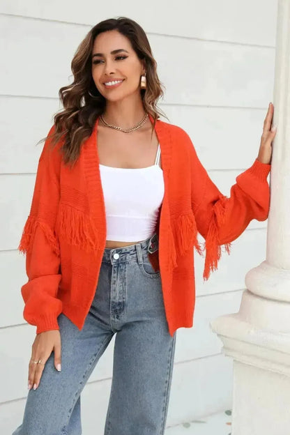 Fringe Trim Open Front Cardigan - Bad Moms Club
