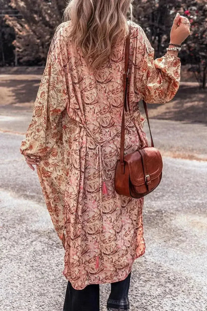 Floral Tassel Tied Open Front Long Sleeve Cardigan - Bad Moms Club