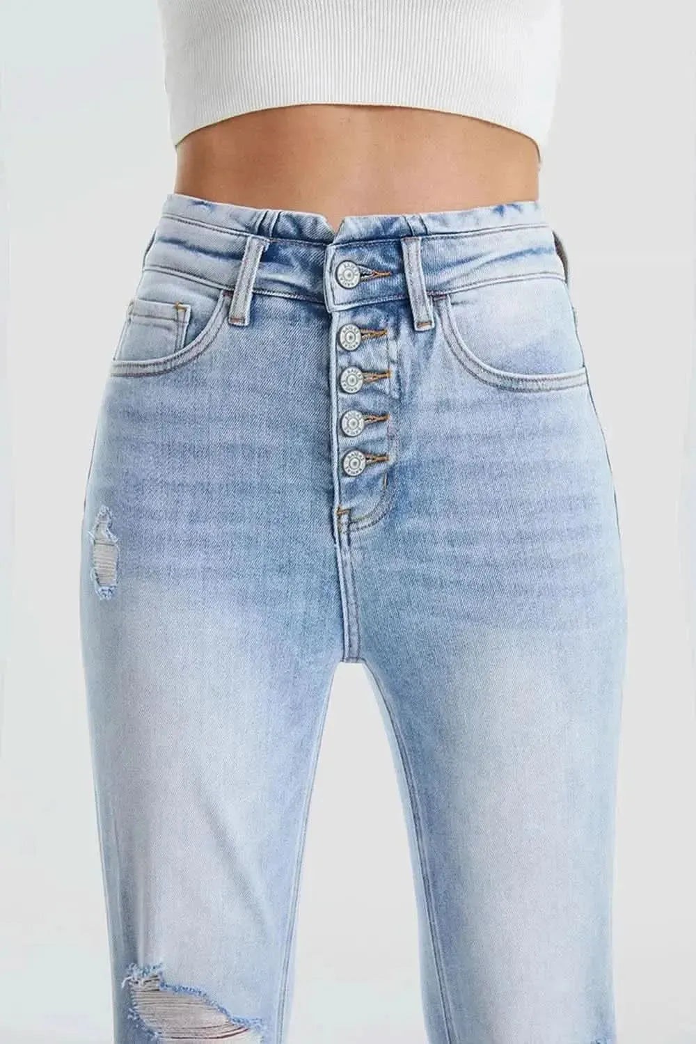BAYEAS Full Size Distressed Raw Hem High Waist Flare Jeans - Bad Moms Club