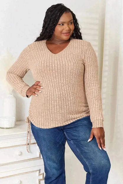 Double Take Drawstring Ribbed Long Sleeve T-Shirt - Bad Moms Club