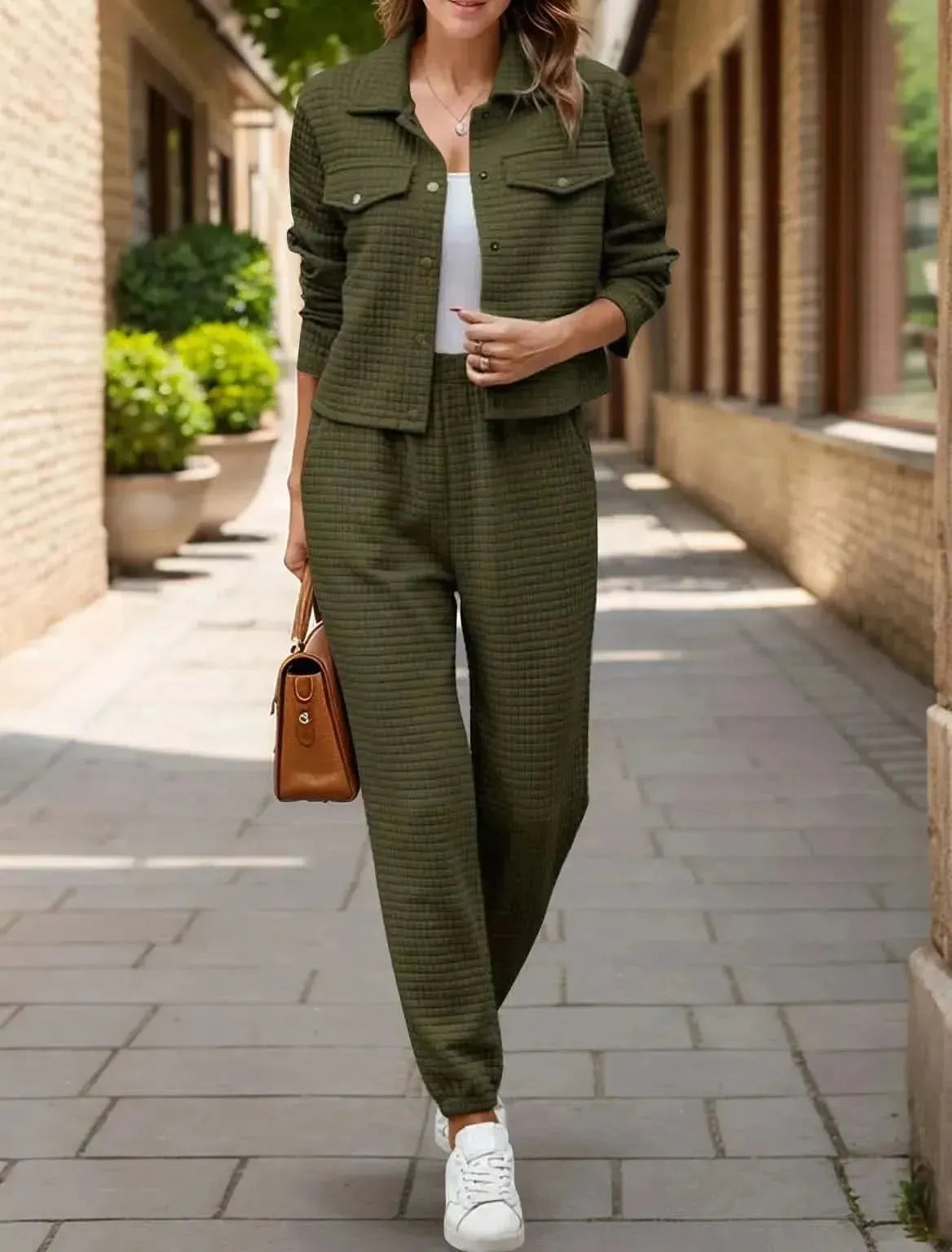 Plaid Texture Snap Down Top and Pants Set - Bad Moms Club