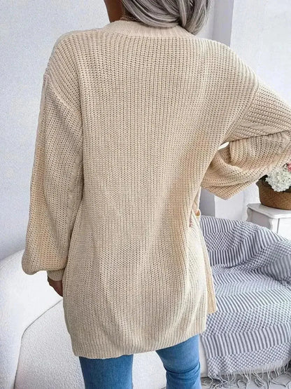 Cable-Knit Open Front Pocketed Cardigan - Bad Moms Club