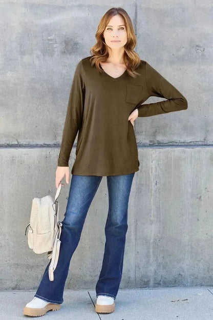 Basic Bae Full Size V-Neck Long Sleeve Top - Bad Moms Club