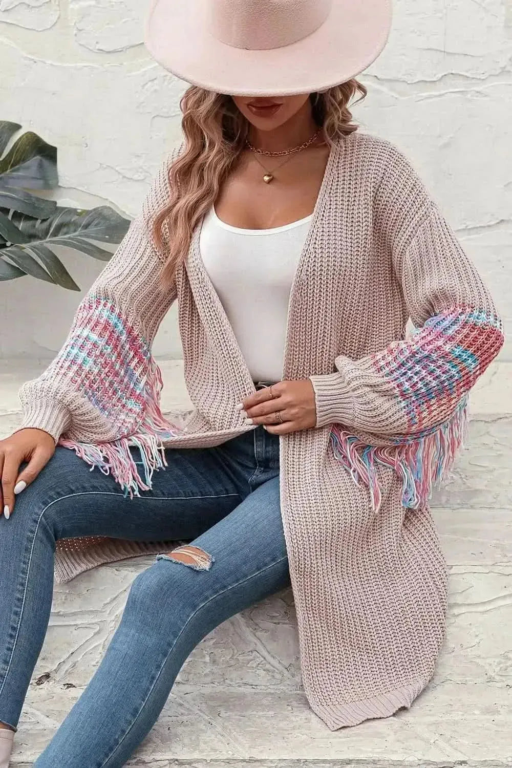Fringe Sleeve Dropped Shoulder Cardigan - Bad Moms Club