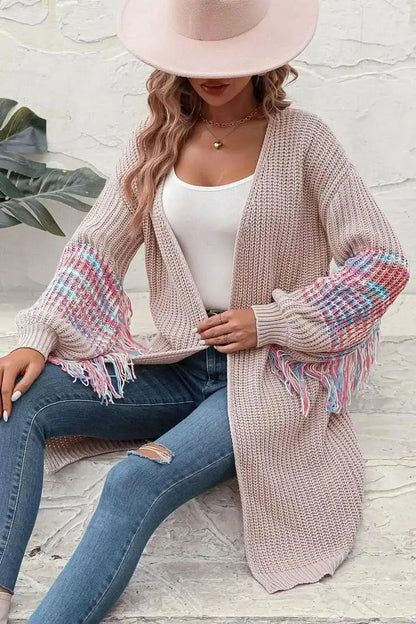 Fringe Sleeve Dropped Shoulder Cardigan - Bad Moms Club
