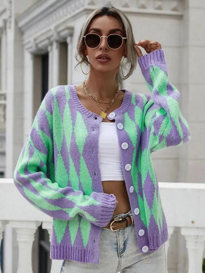 Woven Right Argyle Button Front Drop Shoulder Cardigan - Bad Moms Club